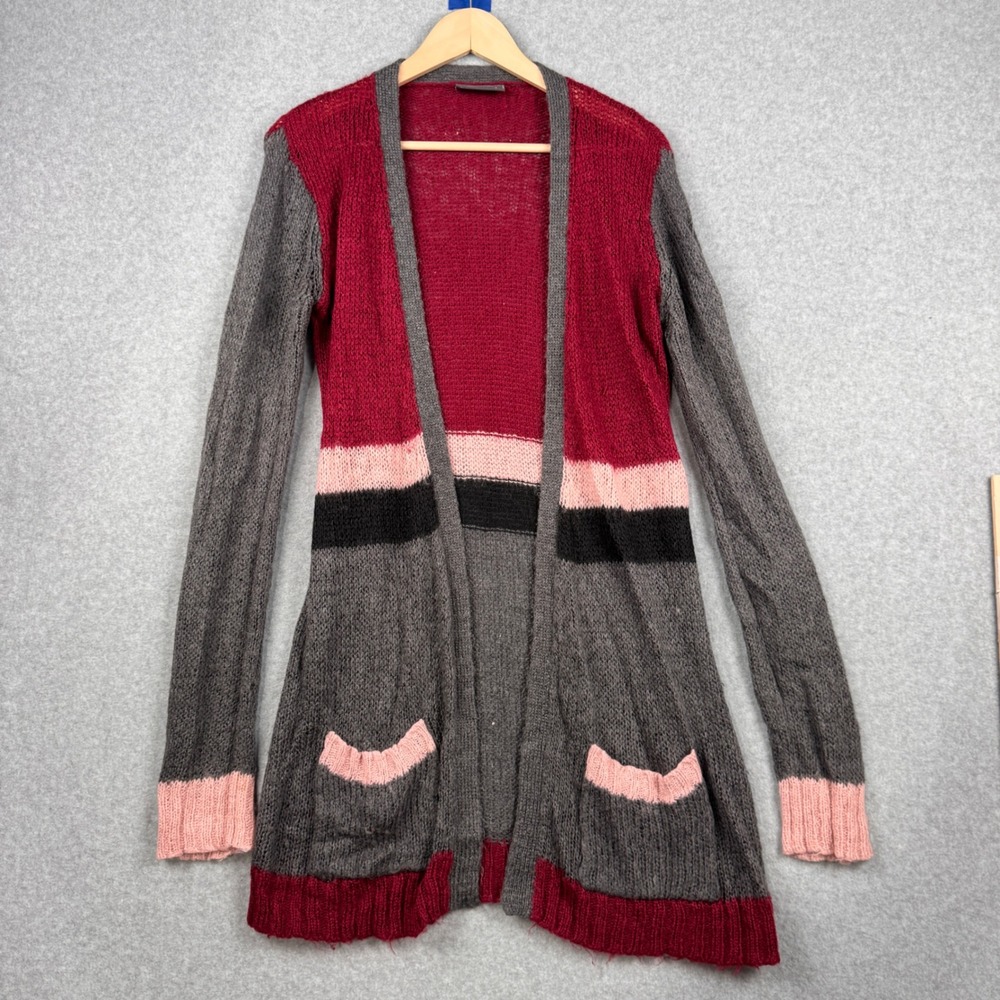 Wooden Ships Cardigan Women M / L Gray Pink Mohair Wool Colorblock Longline Knit